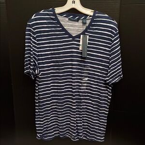 Perry Ellis Blue and White Striped V-Neck Tee